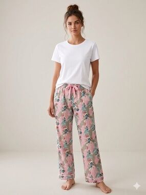 Papinelle Pink Floral Print Relaxed Pajama Pants Cozy Chic Drawstring Waist